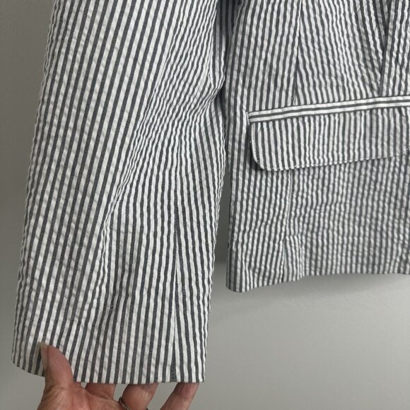 J Jill Blazer Womens Large Petite Gray White Stripe Seersucker Stretch Jacket - Picture 5 of 14